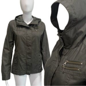 Uniqlo Coated Cloth Water & Wind Resistant Zip Hooded Jacket Womens Size M Olive